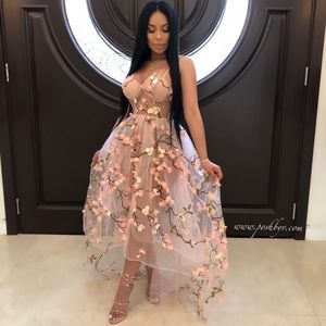 🌸🌺Fashion Pink Nude Mesh Floral Dress Hi-Low🌺🌸